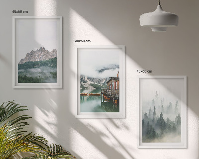 Set de 3 cuadros para salón Montañas, lago, cabaña, niebla