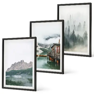 Set de 3 cuadros para salón con diseño de montañas, lago, cabaña y niebla