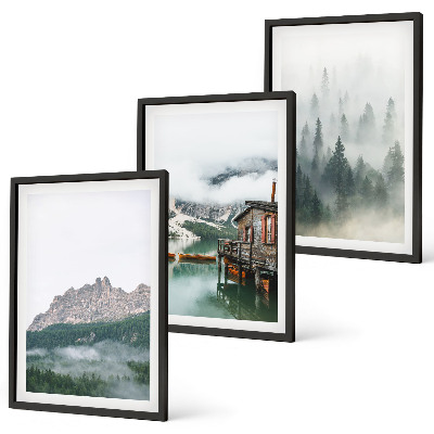 Set de 3 cuadros para salón Montañas, lago, cabaña, niebla