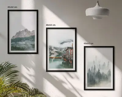 Set de 3 cuadros para salón con diseño de montañas, lago, cabaña y niebla