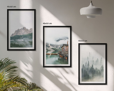 Set de 3 cuadros para salón Montañas, lago, cabaña, niebla