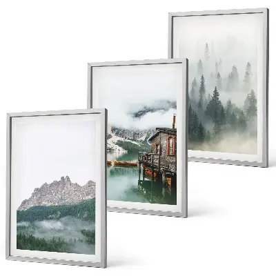 Set de 3 cuadros para salón con diseño de montañas, lago, cabaña y niebla