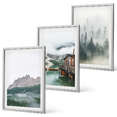 Set de 3 cuadros para salón Montañas, lago, cabaña, niebla