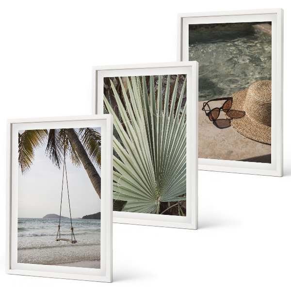 Set de 3 cuadros para salón Columpio de playa, vacaciones con hojas