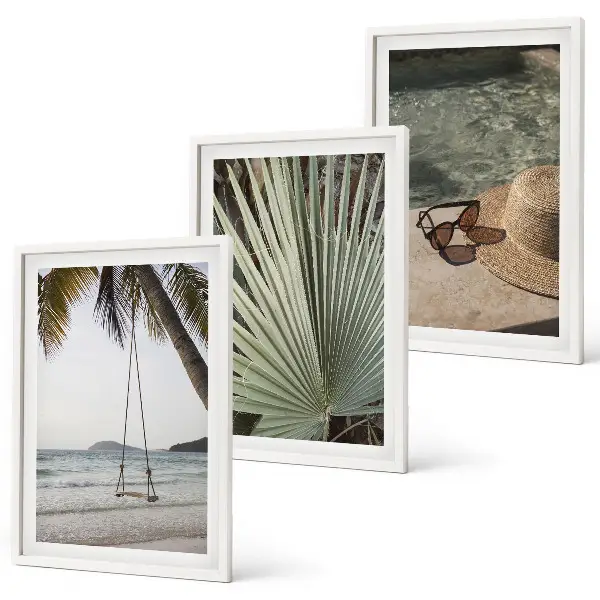 Set de 3 cuadros para salón diseño de columpio en la playa con hojas