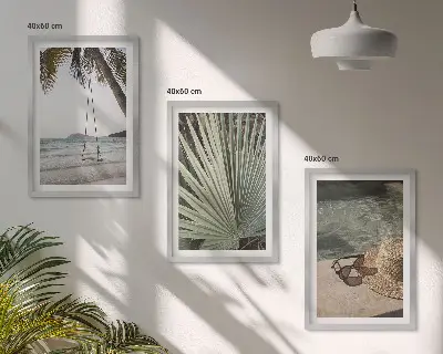 Set de 3 cuadros para salón diseño de columpio en la playa con hojas