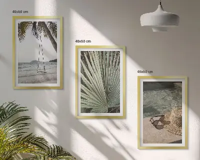 Set de 3 cuadros para salón diseño de columpio en la playa con hojas