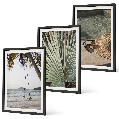 Set de 3 cuadros para salón Columpio de playa, vacaciones con hojas