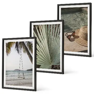 Set de 3 cuadros para salón diseño de columpio en la playa con hojas