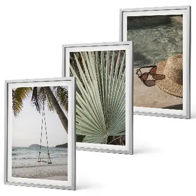 Set de 3 cuadros para salón diseño de columpio en la playa con hojas