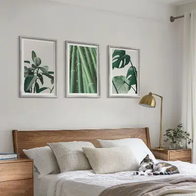 Juego de 3 cuadros con diseño de tallos de bambú y hojas de monstera