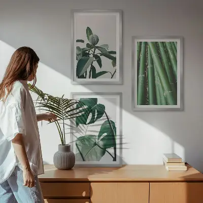 Juego de 3 cuadros con diseño de tallos de bambú y hojas de monstera