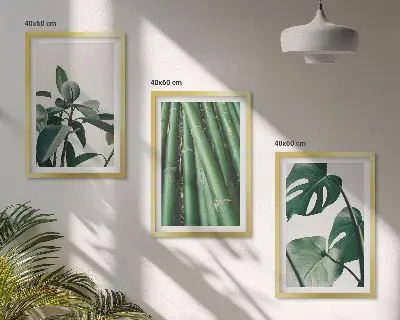 Juego de 3 cuadros con diseño de tallos de bambú y hojas de monstera