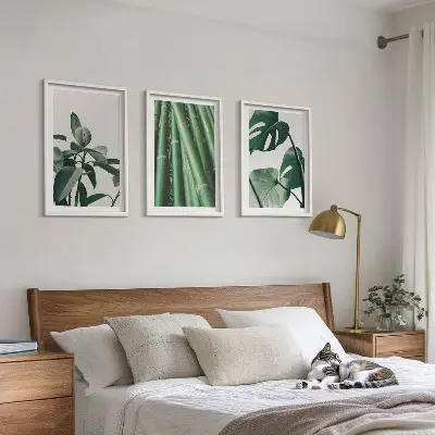 Juego de 3 cuadros con diseño de tallos de bambú y hojas de monstera
