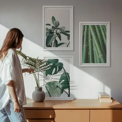 Juego de 3 cuadros con diseño de tallos de bambú y hojas de monstera