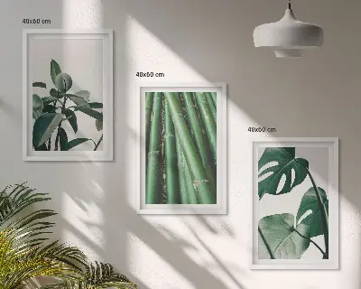 Juego de 3 cuadros con diseño de tallos de bambú y hojas de monstera
