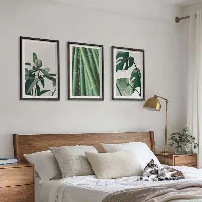 Juego de 3 cuadros con diseño de tallos de bambú y hojas de monstera
