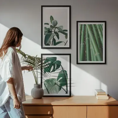 Juego de 3 cuadros con diseño de tallos de bambú y hojas de monstera