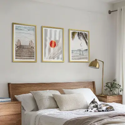 Juego de 3 cuadros decoración de vacaciones en escaleras de madera de la playa