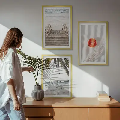 Juego de 3 cuadros decoración de vacaciones en escaleras de madera de la playa