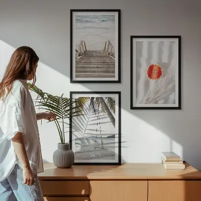 Juego de 3 cuadros decoración de vacaciones en escaleras de madera de la playa