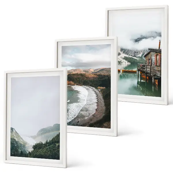 Set de 3 cuadros para salón con diseño de montañas playa nubes y agua