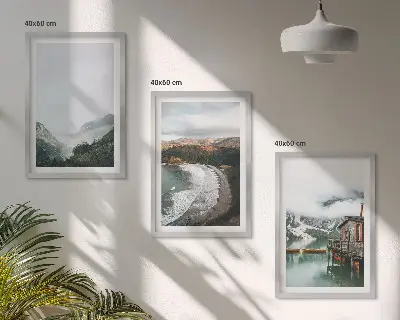 Set de 3 cuadros para salón con diseño de montañas playa nubes y agua