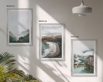 Set de 3 cuadros para salón Montañas, playa, nubes, agua