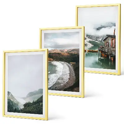 Set de 3 cuadros para salón con diseño de montañas playa nubes y agua