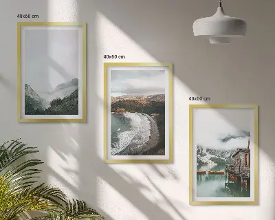 Set de 3 cuadros para salón con diseño de montañas playa nubes y agua