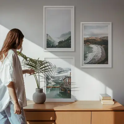 Set de 3 cuadros para salón con diseño de montañas playa nubes y agua