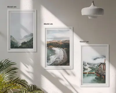 Set de 3 cuadros para salón con diseño de montañas playa nubes y agua