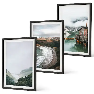 Set de 3 cuadros para salón con diseño de montañas playa nubes y agua