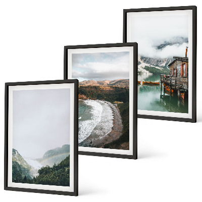 Set de 3 cuadros para salón Montañas, playa, nubes, agua