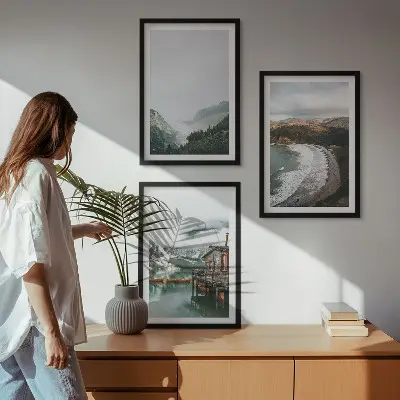 Set de 3 cuadros para salón con diseño de montañas playa nubes y agua