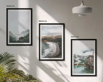 Set de 3 cuadros para salón con diseño de montañas playa nubes y agua
