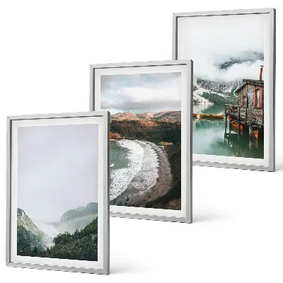Set de 3 cuadros para salón con diseño de montañas playa nubes y agua
