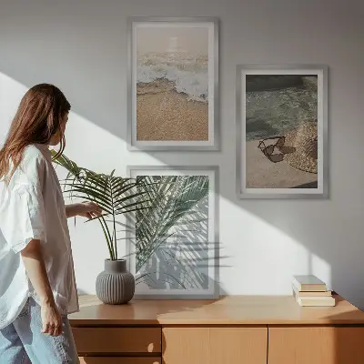 Juego de 3 cuadros con diseño de sombrero de playa y gafas de sol