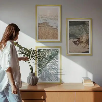Juego de 3 cuadros con diseño de sombrero de playa y gafas de sol