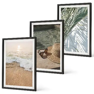 Juego de 3 cuadros con diseño de sombrero de playa y gafas de sol