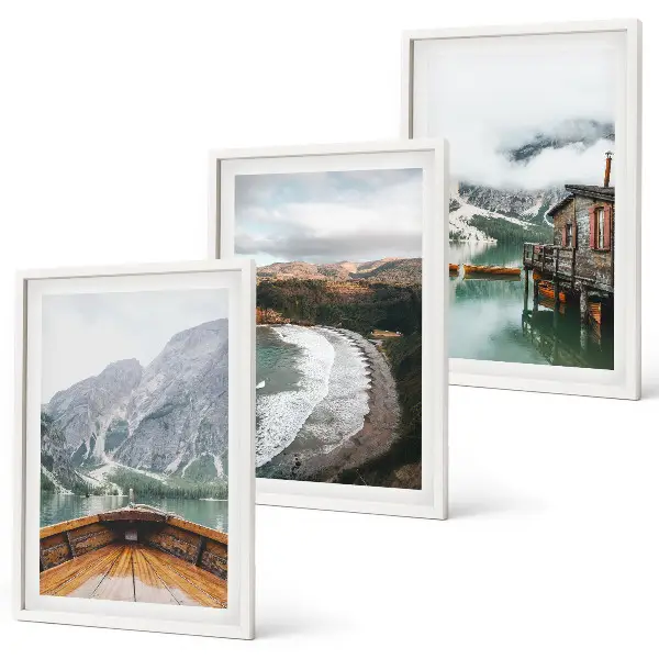 Set de 3 cuadros para salón con diseño de paisaje de montañas, lago, barco y playa