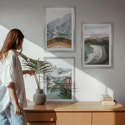 Set de 3 cuadros para salón con diseño de paisaje de montañas, lago, barco y playa