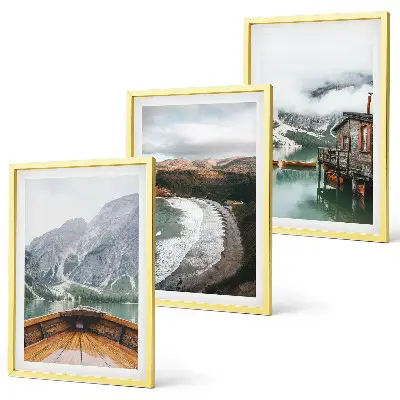 Set de 3 cuadros para salón con diseño de paisaje de montañas, lago, barco y playa