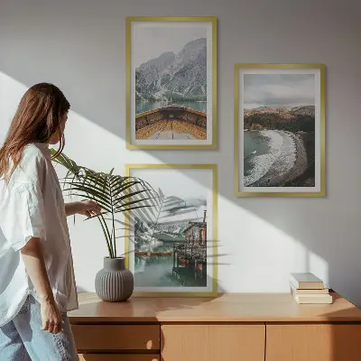 Set de 3 cuadros para salón con diseño de paisaje de montañas, lago, barco y playa