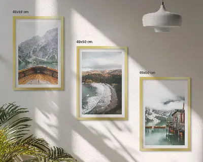 Set de 3 cuadros para salón con diseño de paisaje de montañas, lago, barco y playa
