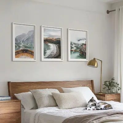 Set de 3 cuadros para salón con diseño de paisaje de montañas, lago, barco y playa