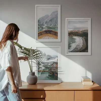 Set de 3 cuadros para salón con diseño de paisaje de montañas, lago, barco y playa