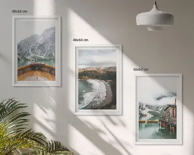 Set de 3 cuadros para salón con diseño de paisaje de montañas, lago, barco y playa