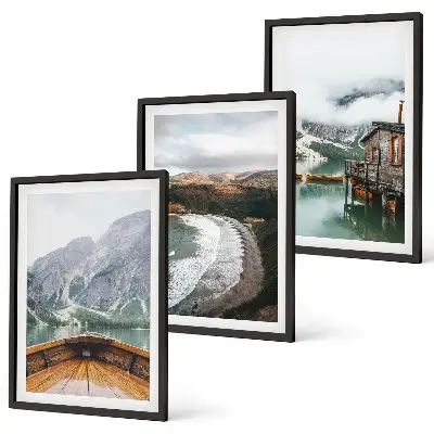 Set de 3 cuadros para salón con diseño de paisaje de montañas, lago, barco y playa