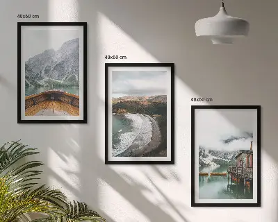 Set de 3 cuadros para salón con diseño de paisaje de montañas, lago, barco y playa